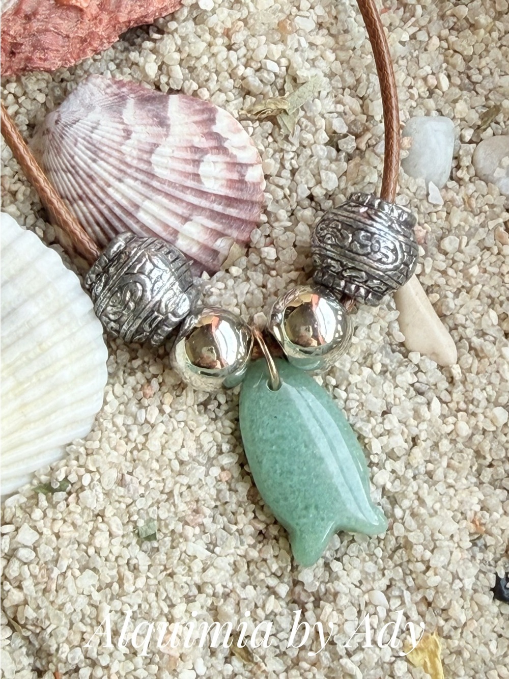 Carved jade fish beaded cord necklace